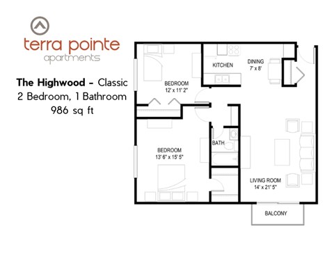 A floor plan for a 2 bedroom, 1 bathroom apartment from Terra Pointe Apartments.
